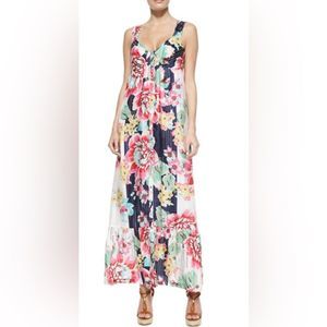 Johnny Was Silk Sleeveless Floral-Print Button-Front Long Dress, Medium